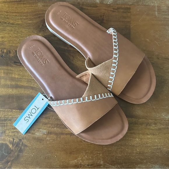 Toms Shoes - Toms Shea Tan Leather slide sandals embroidered detail size 8 NWT‎